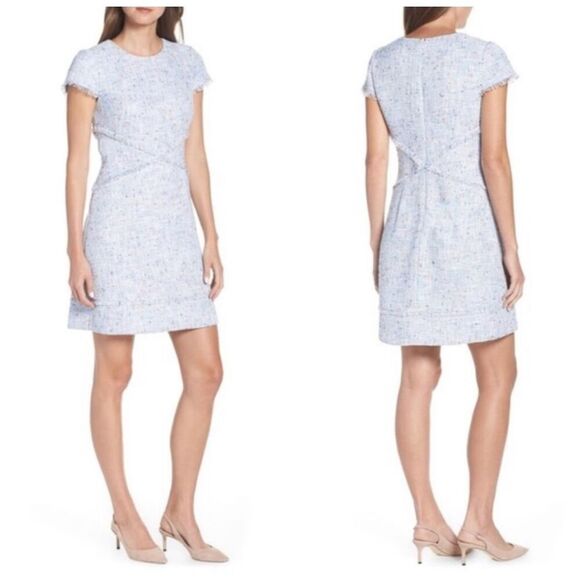 NEW Eliza J Tweed Sheath Mini Dress size 8 Blue Short Sleeve - Picture 1 of 13